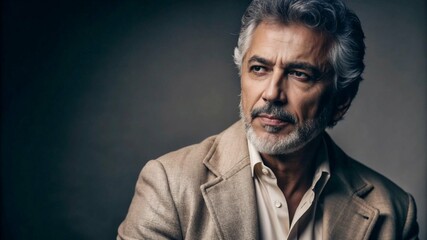 Obraz premium Confident middle-aged Middle Eastern man with gray hair in a tailored blazer against a dark background copy space