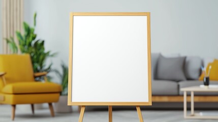 Blank canvas on an easel in modern living room interior with couch and plants, ready for art, design, or presentation.