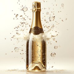 Fototapeta premium A vibrant happy new year 2025 graphic featuring a central cartoon-style champagne bottle popping open with animated bubbles and sparkles. Set against an isolated white background, the design 
