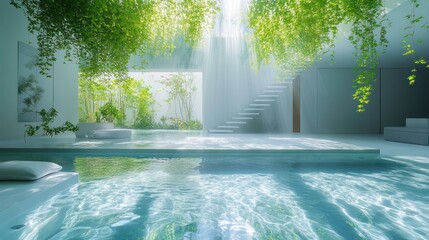 Sunlit indoor pool with lush greenery and minimalist architecture.