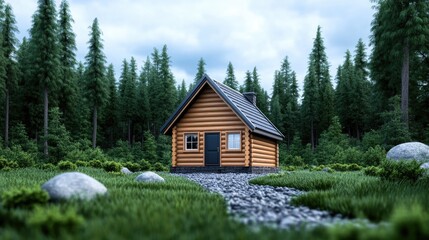 Cozy Wooden Cabin in a Serene Forest Setting Surrounded by Lush Greenery and Tall Pine Trees on a Peaceful Day