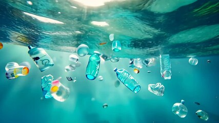 Plastic waste bottles in water and other garbage floating underwater, highlighting environmental pollution and the urgent need for conservation