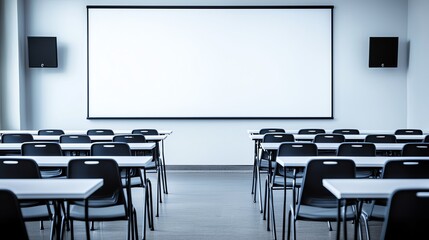 Empty classroom with rows of black chairs and tables facing a large whiteboard in a modern educational setting, ready for learning.