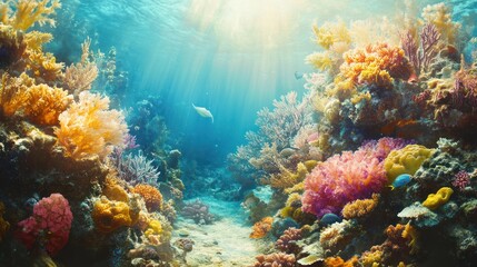Obraz premium Vibrant Underwater Coral Reef Paradise: A Sunlit Ocean Scene
