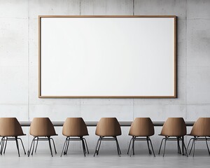 Minimalist conference room with empty whiteboard and row of modern chairs in a contemporary office setting for meetings.