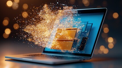 The laptop screen displayed a file folder icon set against a vibrant blue background, symbolizing organization and efficiency.