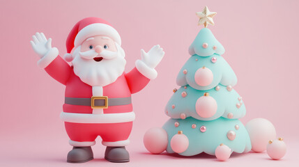 Adorable 3D Santa Claus in pastel colors, with a friendly wave and standing next to a pastel Christmas tree