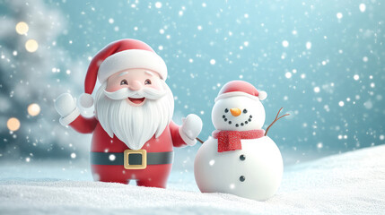 A charming 3D pastel Santa Claus with a big smile poses beside a cute pastel snowman in a serene, snow-covered scene with soft, dreamy hues.