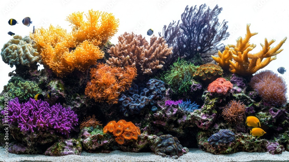 Poster an underwater ecosystem flourishes with colorful corals and playful fish, creating a mesmerizing dis