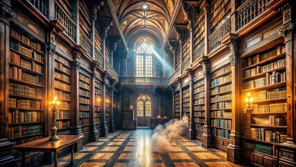 Fototapeta premium Gothic Library Long Exposure Photography - Ancient Books, Tall Bookshelves, Dark Atmosphere