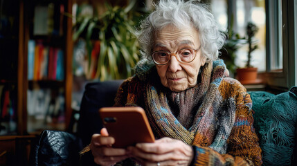 An elderly woman holding a smartphone, wearing glasses and a colorful sweater, set in a cozy, well-lit room with a homely atmosphere. The scene reflects technology use among seniors.
