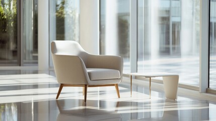 Fototapeta premium Minimalist modern lounge with clean, stylish design. Featuring sleek lines and neutral tones