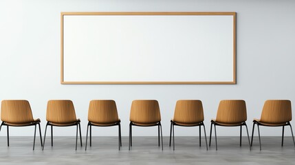 Minimalistic room with chairs facing an empty whiteboard. Perfect for presentations, meetings, and educational settings.