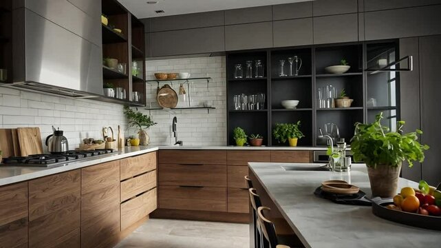 Modern kitchen interior with a combination of storage and appliances in white