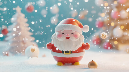 A joyful 3D pastel Santa Claus with rosy cheeks and a wide smile poses by a soft pastel Christmas tree, surrounded by gently falling snowflakes.