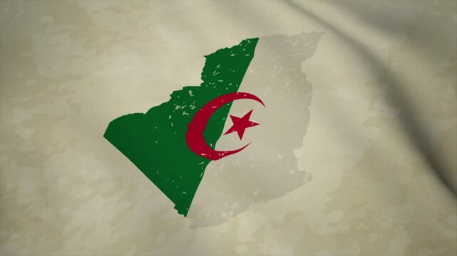 Wavy Map of ALGERIA with Flag in Body Isolated on Vintage Background