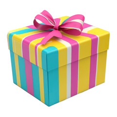 Colorful striped gift box with pink, yellow, and blue wrapping and a vibrant pink bow on top