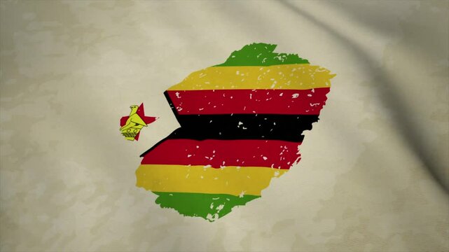 Wavy Map of ZIMBABWE with Flag in Body Isolated on Vintage Background