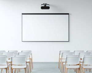 Modern conference room with white chairs facing a blank projector screen, ready for presentation or seminar in a minimalist setting.