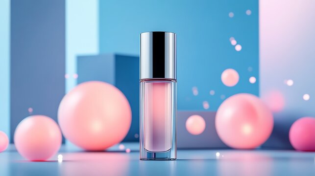 A luxurious pearl serum surrounded by glowing orbs of light