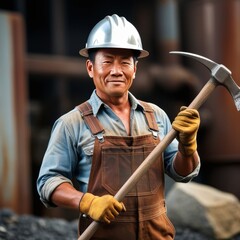 A hardworking miner wearing a metallic hard hat and brown overalls holds a pickaxe confidently