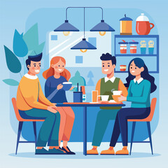 Friends are sitting at a table in a summer cafe. Vector illustration in a flat style