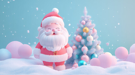 A cartoonish Santa Claus stands in front of a Christmas tree