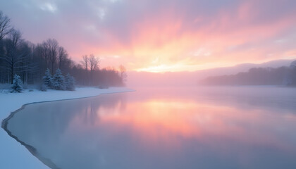 Obraz premium Winter dawn over a frozen lake: The morning light, coloring the sky in pink and gold tones, is reflected in a frozen lake with fog-shrouded shores. 