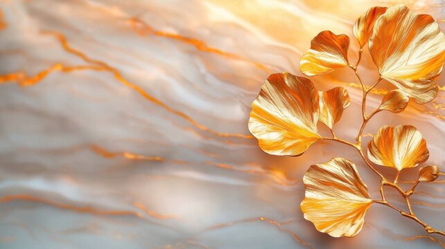 The metallic gold leaf accents beautifully contrast against the sleek and elegant marble background, adding a touch of luxury and sophistication to any space.