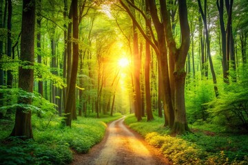 Obraz premium Green Forest Path, Nature Trail Photography, Lush Woodland Walkway, Scenic Hiking Route, Rule of Thirds Composition