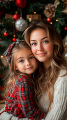A loving mother and daughter embrace by a cozy fireplace, with a decorated Christmas tree glowing warmly in the background. Perfect for holiday, family, or festive marketing themes.
