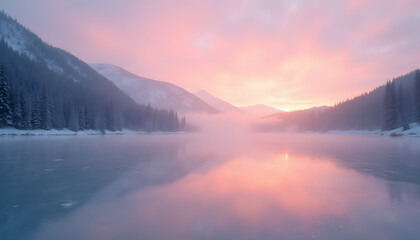 Fototapeta premium Winter dawn over a frozen lake: The morning light, coloring the sky in pink and gold tones, is reflected in a frozen lake with fog-shrouded shores. 
