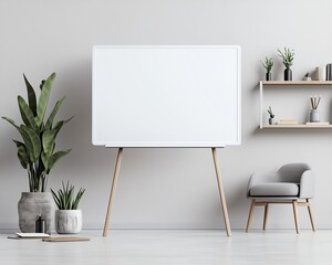 Modern minimalist room with a blank whiteboard, potted plants, shelving, and chair. Perfect for design presentations or creative workspaces.