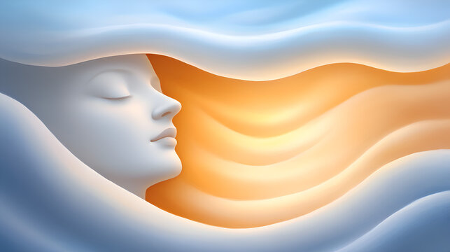 A serene illustration of a woman’s face emerging from soft, flowing waves of color, evoking a sense of peace and tranquility.