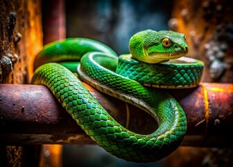 Fototapeta premium Green Pit Viper Urban Exploration Photography: Abandoned Building Reptile Wildlife