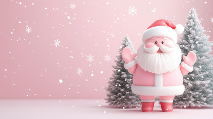 A pink santa standing in front of a tree with snow on it