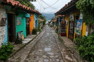 Fototapeta premium Colorful houses lining cobblestone street in Guatape, Colombia