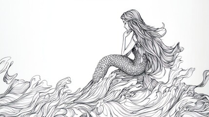 Fototapeta premium Penciled Mermaid Rests Upon Ocean Waves