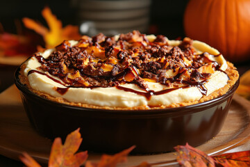 Delicious pumpkin cheesecake with chocolate topping celebrating Thanksgiving