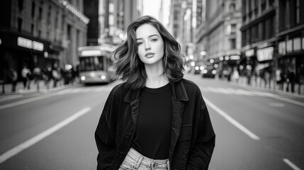 Fototapeta premium A black and white photograph of a woman walking alone down a deserted city street, with the contrast emphasizing the solitude and strength in her expression.