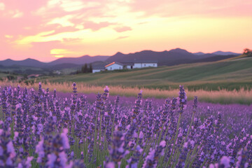 Fototapeta premium Stunning purple lavender field at sunset with a farmhouse and rolling hills in the background