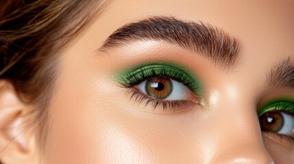 Obraz premium The woman's striking green eye makeup shimmers in the light, beautifully complementing her deep brown eyes as she gazes confidently into the camera.