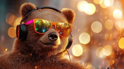 The neon party DJ bear is wearing vibrant sunglasses and headphones, ready to spin the coolest beats all night long.