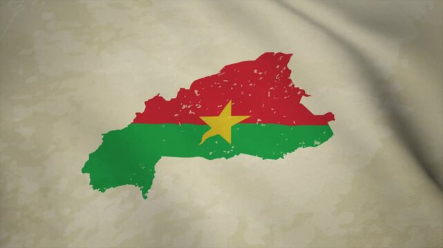 Wavy Map of BURKINA FASSO with Flag in Body Isolated on Vintage Background