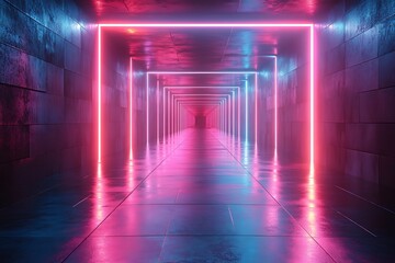 Neon-lit Corridor with Reflective Tiles