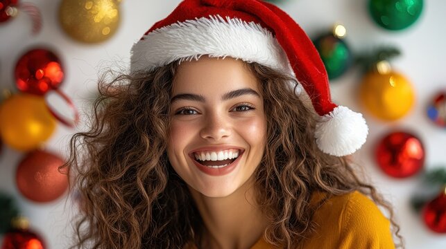 A woman wearing a festive Santa hat smiles brightly as she spreads holiday joy and cheer, with colorful decorations surrounding her on a clean white background.