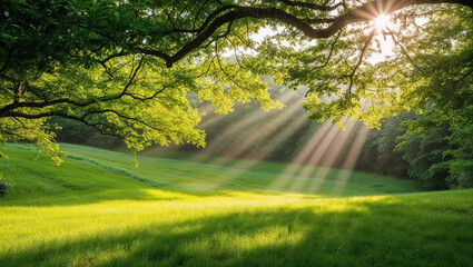 Bright sunlight shining through green trees on grassy field