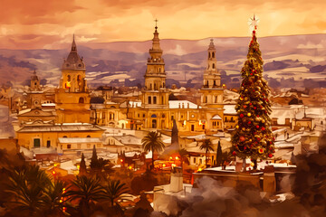 Obraz premium Artwork of landmark of Badajoz , city of Spain at christmas winter. Poster illustration of snowy travel print canvas retro art. AI