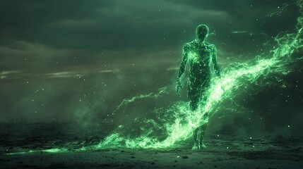 Obraz premium A human figure composed of glowing green plasma, discharging energy tendrils into the ground, standing in a desolate wasteland