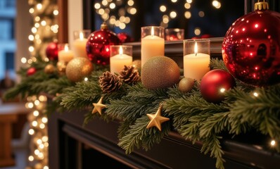 Festive Christmas decorations on fireplace.